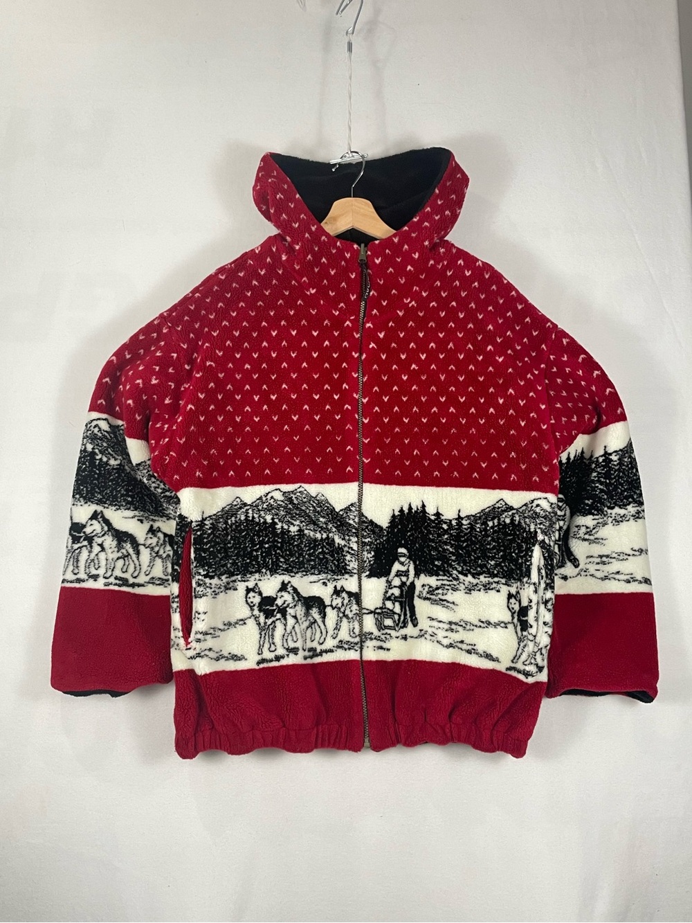 Vintage Denali Reversible Sled Dog Black Red Fleece THICK Hooded Jacket Sz L